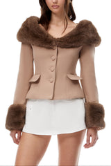 victoria Khaki Fur Trim Wool Jacket