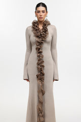 rachel Contour Long Sleeve Ruffle Knit Maxi Dress in pale brown