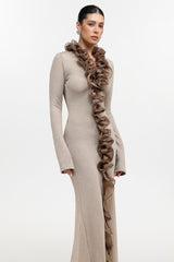 rachel Contour Long Sleeve Ruffle Knit Maxi Dress in pale brown
