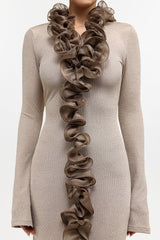 rachel Contour Long Sleeve Ruffle Knit Maxi Dress in pale brown