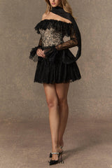 delia Black Off Shoulder Lace Corset Mini Dress