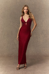 olivia Burgundy Beaded Plunging V‑Neck Maxi Dress