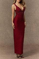 olivia Burgundy Beaded Plunging V‑Neck Maxi Dress