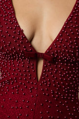 olivia Burgundy Beaded Plunging V‑Neck Maxi Dress