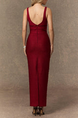 olivia Burgundy Beaded Plunging V‑Neck Maxi Dress