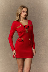 ella v-neck Red Sequin Trim Knit Mini Dress
