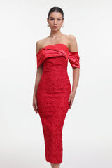polly Contour Off-Shoulder Jacquard Floral Maxi Dress - red