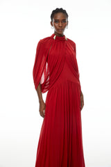 leona red Draped Cape Sleeve Knit Maxi Dress
