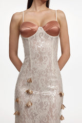 verna champagne Embellished Sleeveless Petal Sequin Lace Knit Maxi Dress