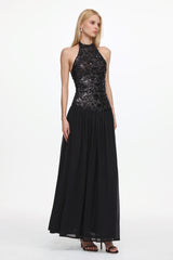Encho Halter Ruched Mesh Sequin Maxi Dress