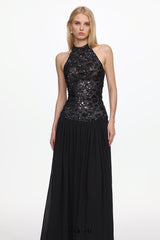 Encho Halter Ruched Mesh Sequin Maxi Dress