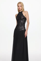 Encho Halter Ruched Mesh Sequin Maxi Dress