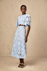 penny Openwork floral lace blouse maxi skirt set - blue