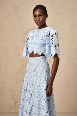penny Openwork floral lace blouse maxi skirt set - blue