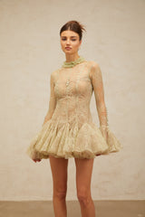 Green Embroidered Flared Mini Dress