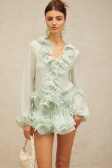 flounced chiffon blouse & skirt matching set in mint