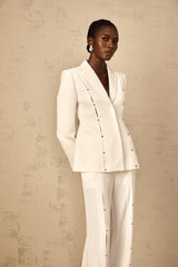 theresa diamond studded hollow out blazer set in white
