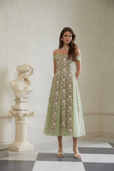 octavia Tulle Panel Floral Midi Dress in green