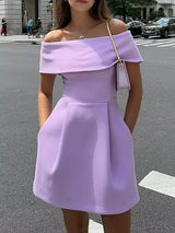 belted off-shoulder a-line mini dress in purple