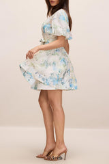 kimberley Floral Print Puff Sleeve white Mini Dress