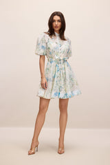 kimberley Floral Print Puff Sleeve white Mini Dress