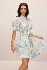 kimberley Floral Print Puff Sleeve white Mini Dress