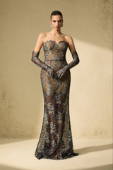 Shnovia Blue Strapless Embroidered Lace Maxi Dress With Gloves