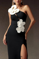 black heloise Flowers Slit One Shoulder Bandage Maxi Dress
