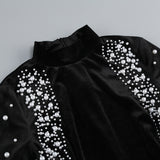 agnes Mock Long Sleeve Pearl Velvet Mini Dress in black