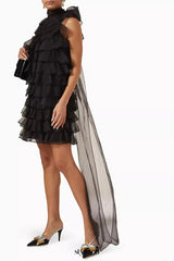 poppy Ruffle Silk Organza sleeveless Mini Dress in black