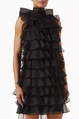 poppy Ruffle Silk Organza sleeveless Mini Dress in black