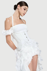 elva halter three-dimensional flower irregular tassel mini dress in white