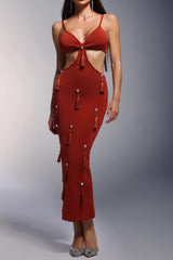 Deep-V Diamond Tassels Bandage Maxi Dress in red