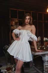 alison Off-shoulder bow lace mini dress in white