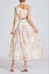 kimberley Yellow One-Shoulder floral print cutout Maxi Dress