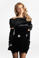 daphne long sleeve fur Velvet mini Dress in black