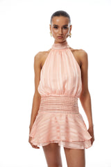 jane Halterneck Pleated Chiffon Mini Dress in pink