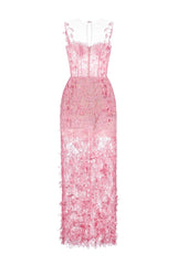 PINK BEADED LACE PENCIL MIDI DRESS