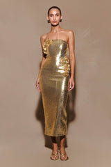 alisa Strapless Sequin Rose Midi Dress in Gold