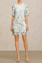 hazel Floral Printed Lace Mini Dress in sky blue