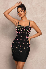 violet black 3D Rose Appliqués Bodycon mini Dress