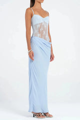 Hollow pleated suspenders with ruffles maxi dress in blue