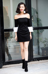 nicole strapless feather sleeve mini dress in black