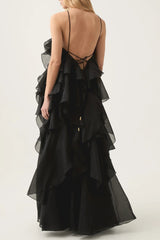 Off-Shoulder Ruffle Layered Maxi Dress In Black