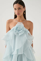 off-shoulder ruffle Layered Maxi Dress in blue