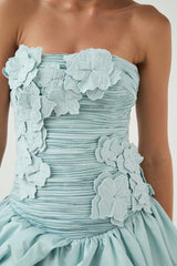 moira floral strapless Puffy mini dress in blue