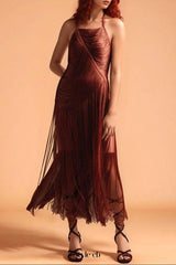 nicola pleated halter fringe maxi dress in brown