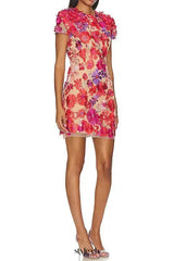 Embroidered applique slim mini dress in red