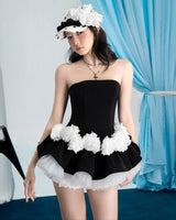 erica Floral patchwork strapless top skirt set in black