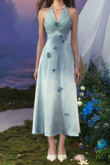 Butterfly Princess Halter midi Dress in light blue